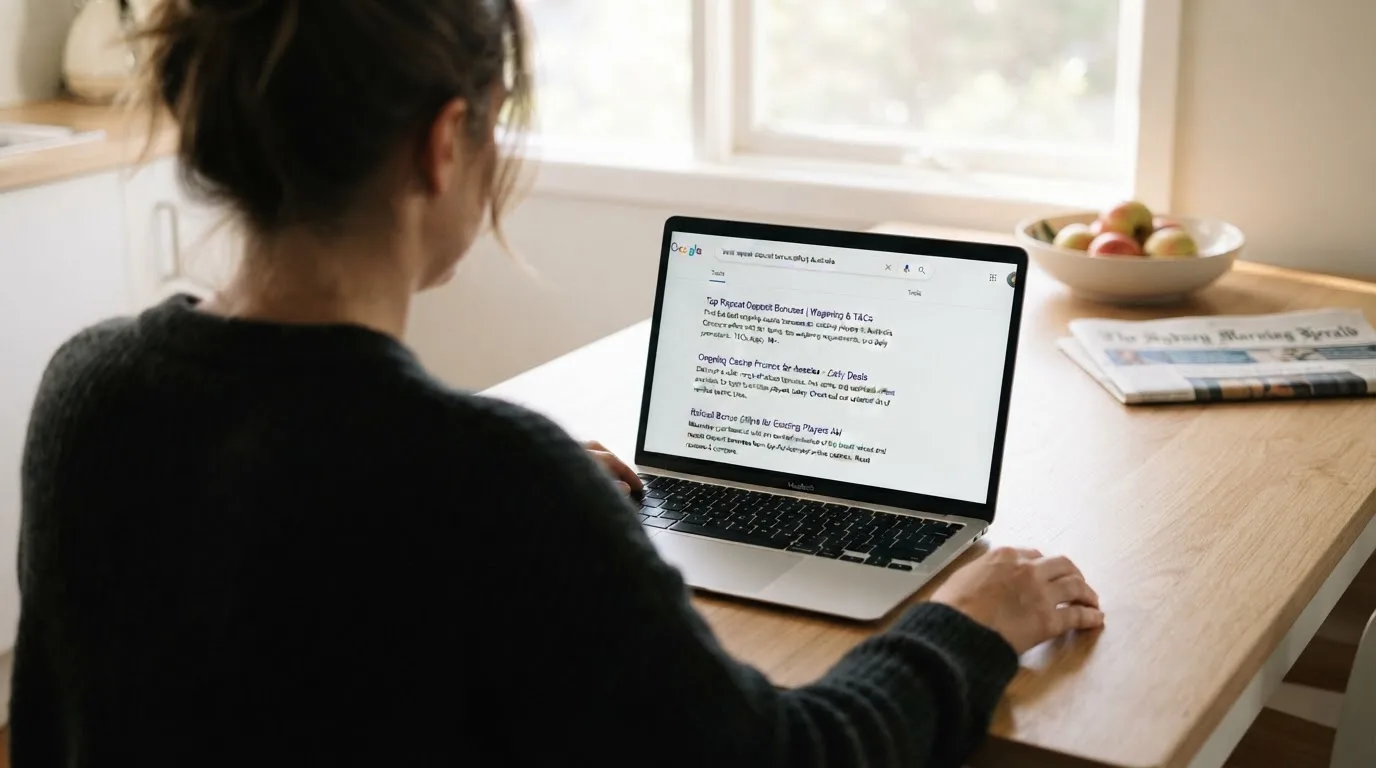 A person sits at a kitchen table, scrolling a laptop showing a general search results page about repeat-deposit offers.