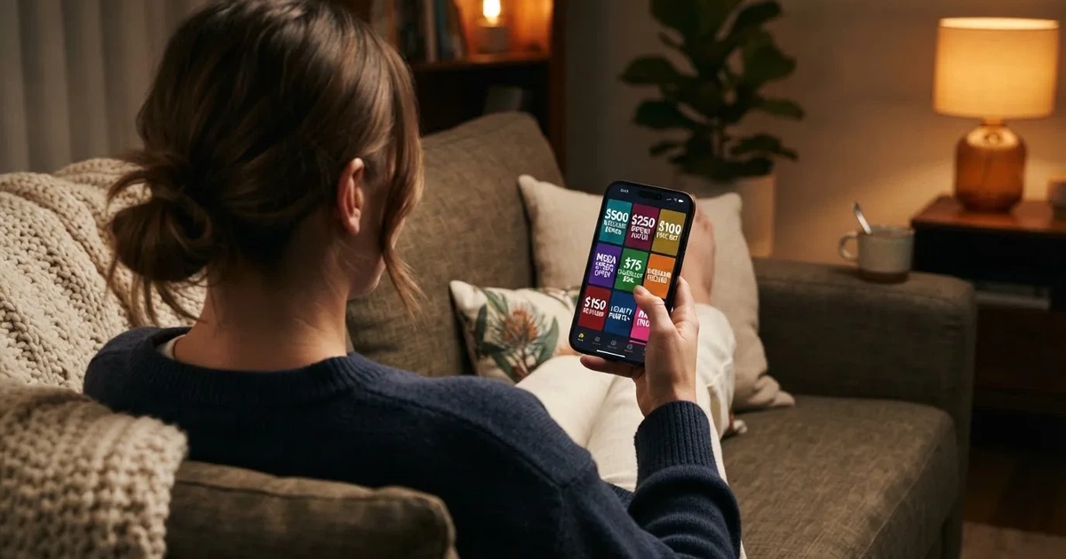 A phone screen shows a list of promotional bonus tiles as someone scrolls with one thumb on a couch.