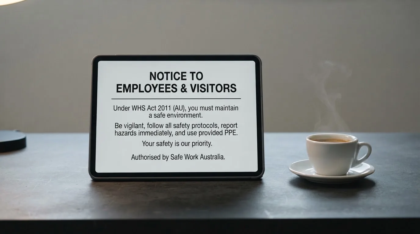 A tablet on a desk displays a plain government-style warning notice page, with a coffee cup beside it.