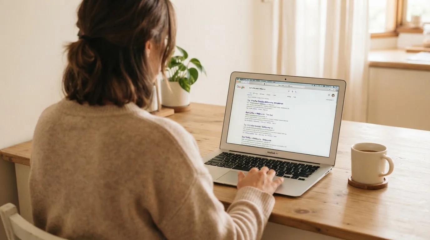 A person sits at a kitchen table, scrolling a laptop showing a general search results page about pokies offers.