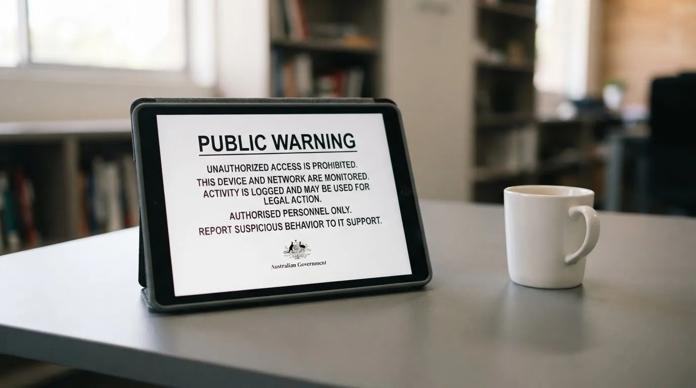 A tablet on a desk displays a plain government-style warning notice page, with a coffee cup beside it.