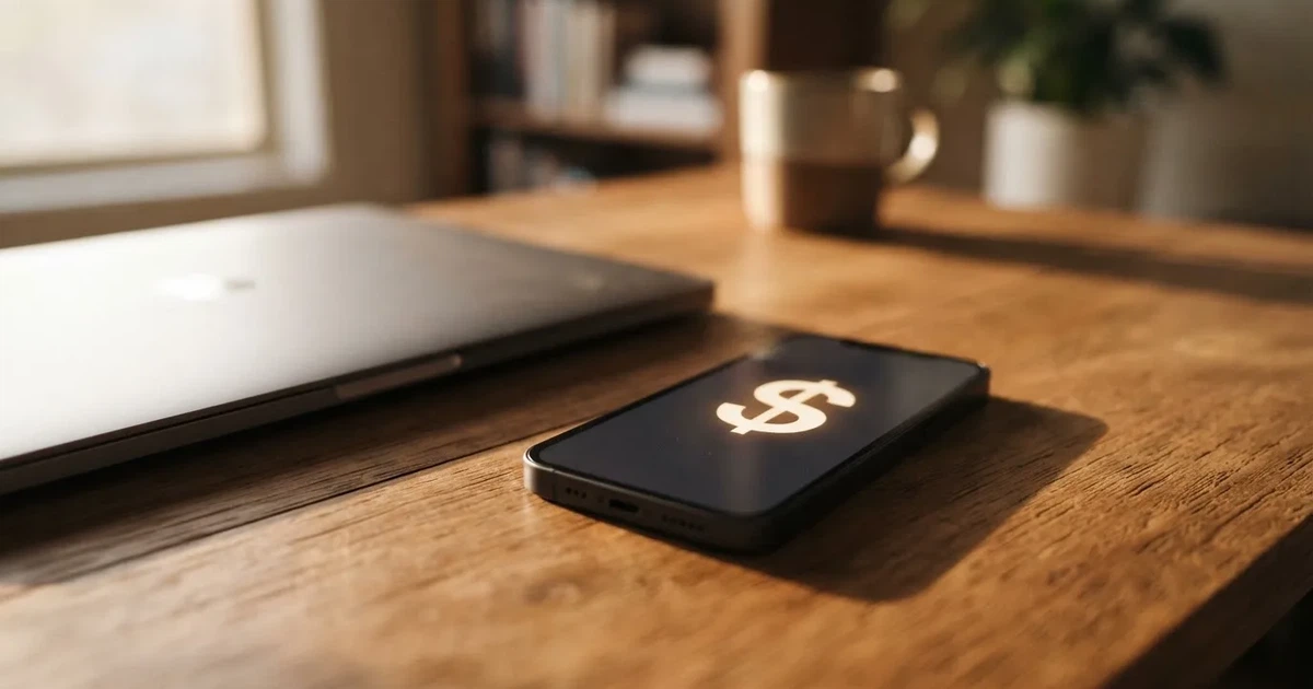 Close-up of a smartphone banking app open beside a laptop on a home desk, mid-transfer.