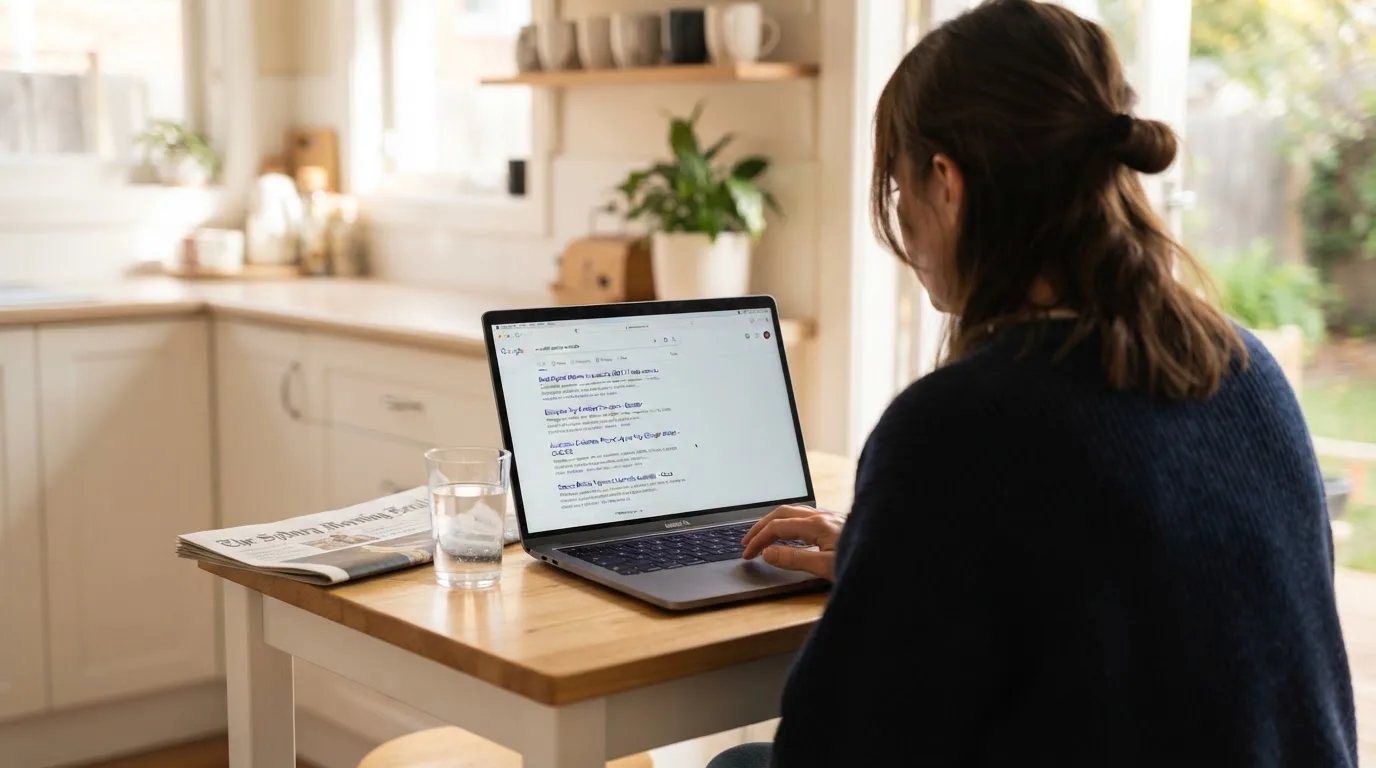 A person sits at a kitchen table, scrolling a laptop showing a general search results page about e-wallet options.