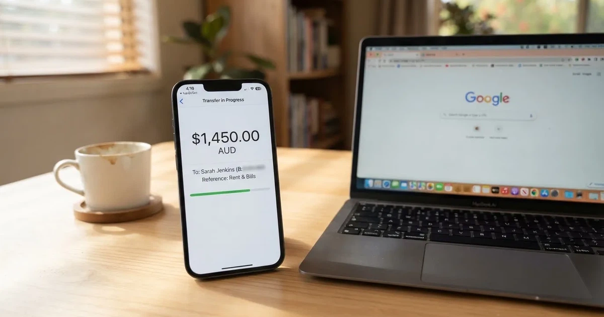 Close-up of a smartphone banking app open beside a laptop on a home desk, mid-transfer.