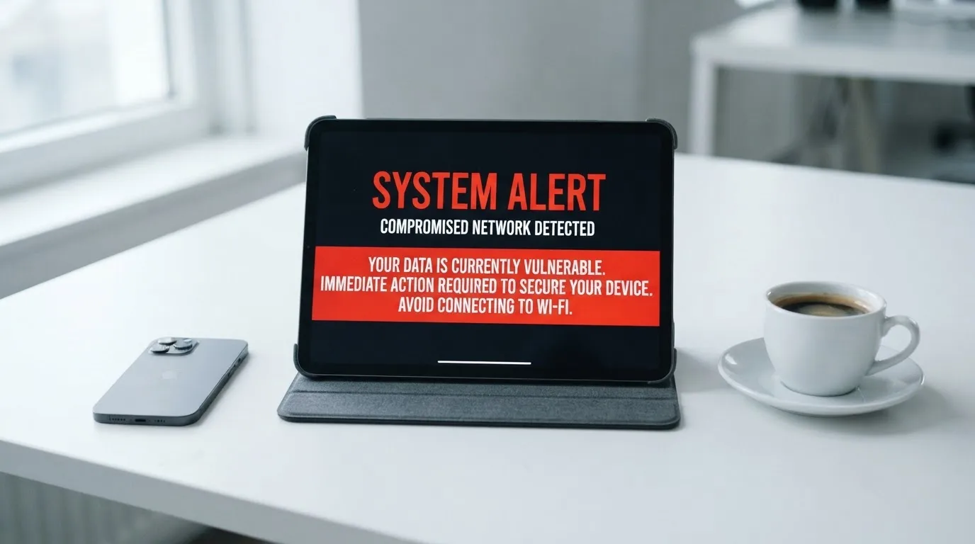 A tablet on a desk displays a plain government-style warning notice page, with a coffee cup beside it.