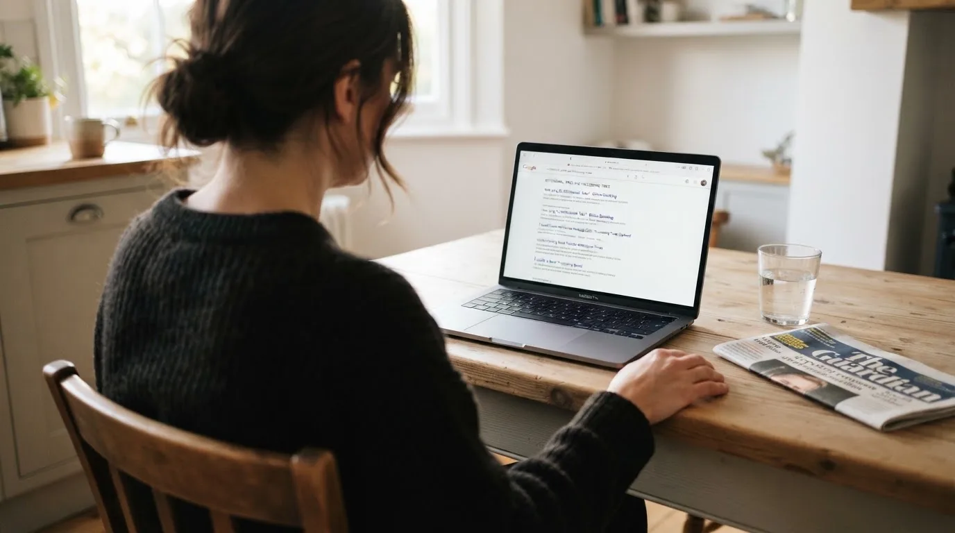 A person sits at a kitchen table, scrolling a laptop showing a general search results page about withdrawal speed.