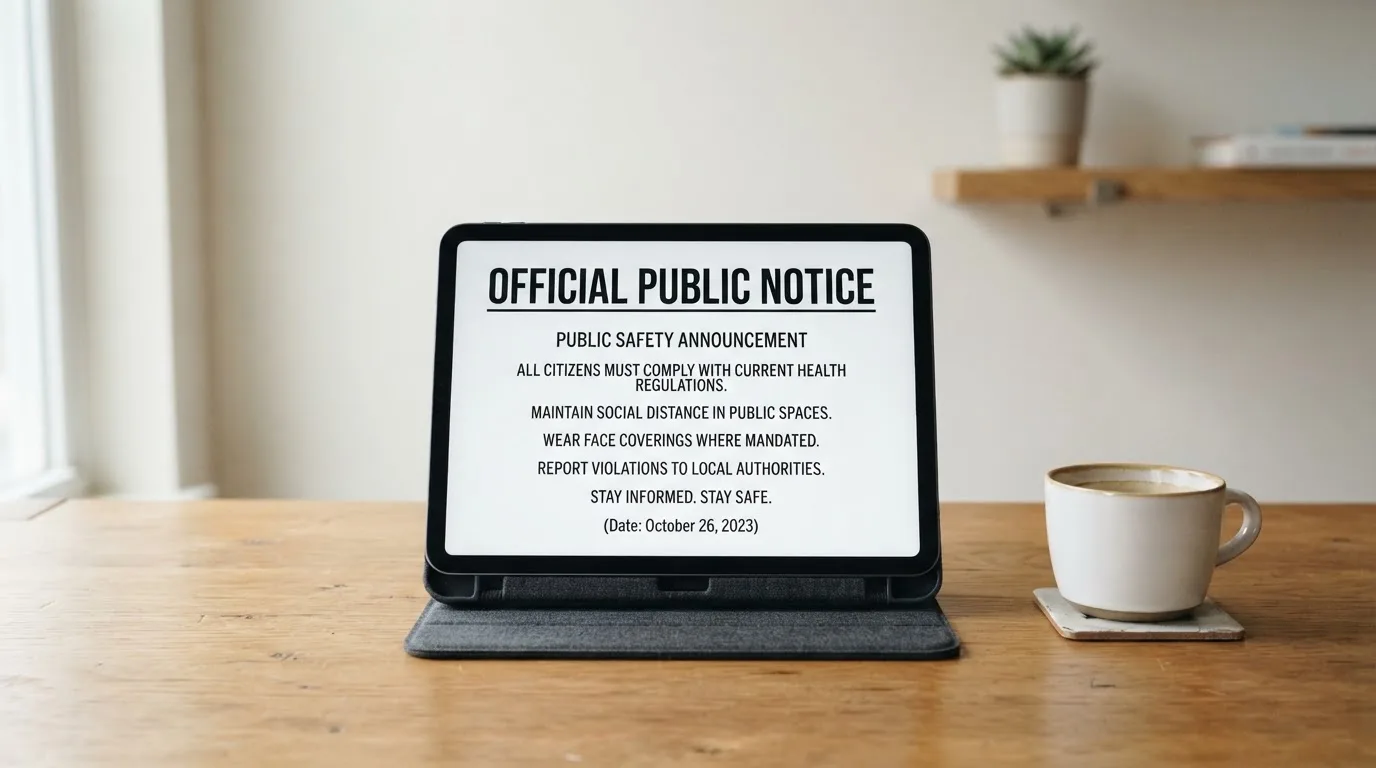 A tablet on a desk displays a plain government-style warning notice page, with a coffee cup beside it.