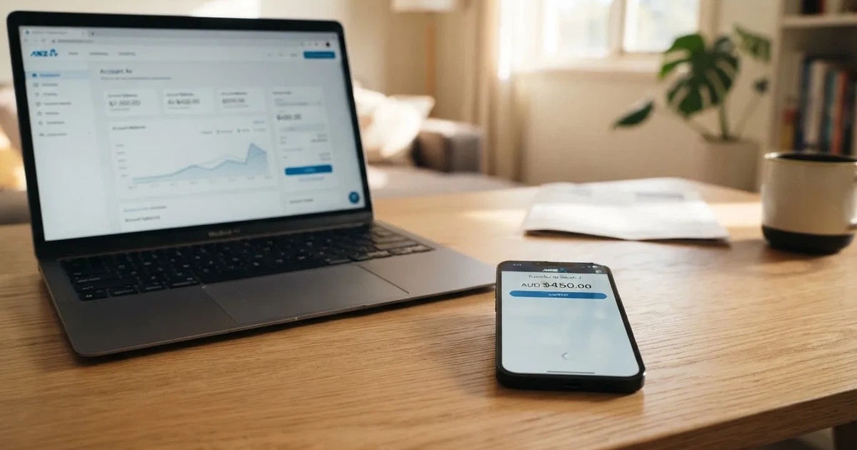 Close-up of a smartphone banking app open beside a laptop on a home desk, mid-transfer.