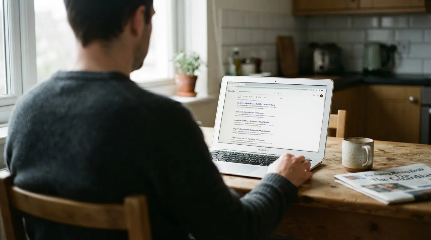 A person sits at a kitchen table, scrolling a laptop showing a general search results page about pokies bonus offers.