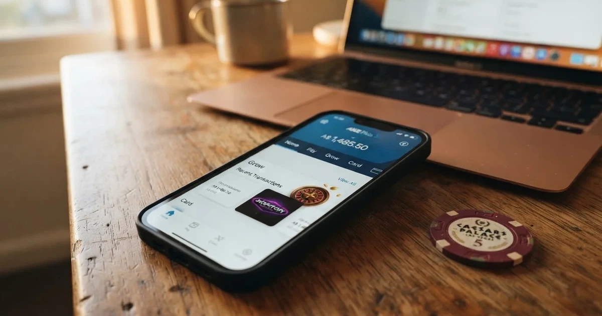 Close-up of a smartphone banking app open beside a laptop on a home desk, mid-transfer.