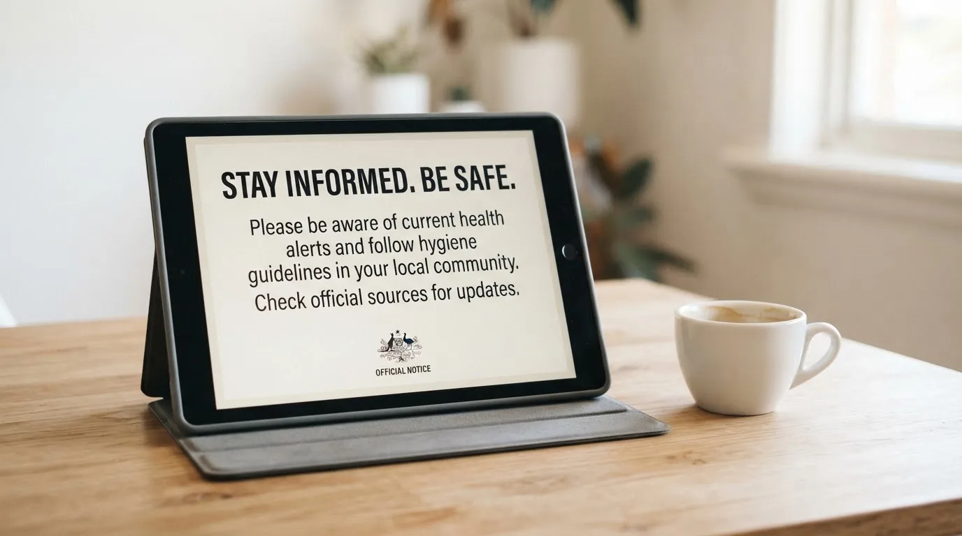 A tablet on a desk displays a plain government-style warning notice page, with a coffee cup beside it.