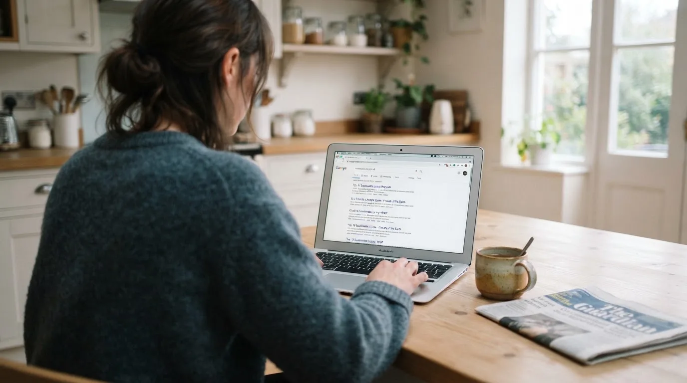 A person sits at a kitchen table, scrolling a laptop showing a general search results page about free spins offers.