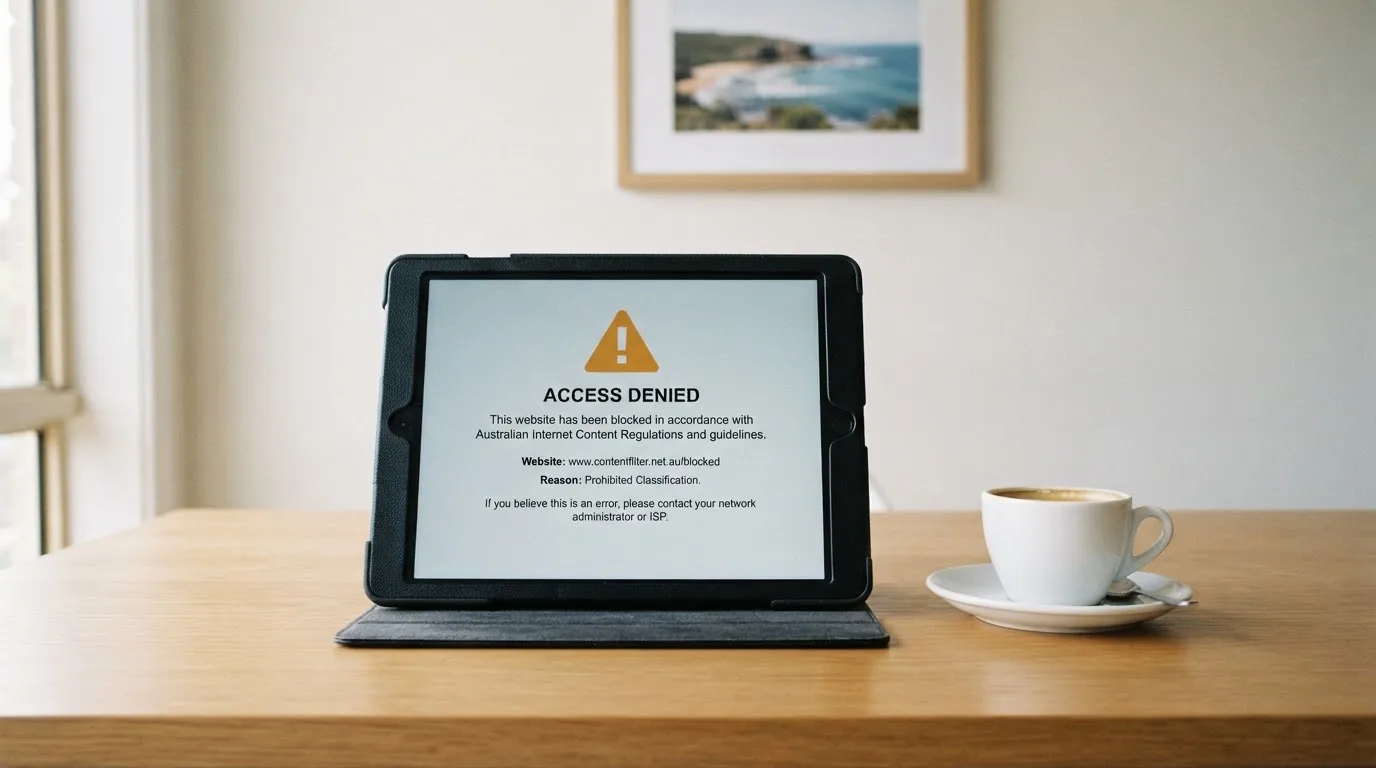 A tablet on a desk displays a plain government-style warning notice page, with a coffee cup beside it.