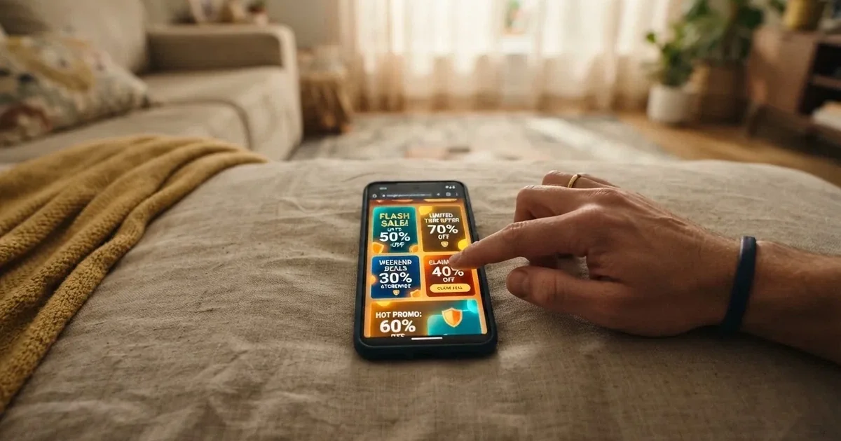 A phone screen shows a list of promotional bonus tiles as someone scrolls with one thumb on a couch.
