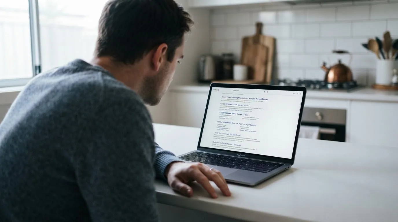 A person sits at a kitchen table, scrolling a laptop showing a general search results page about pokies deposit options.