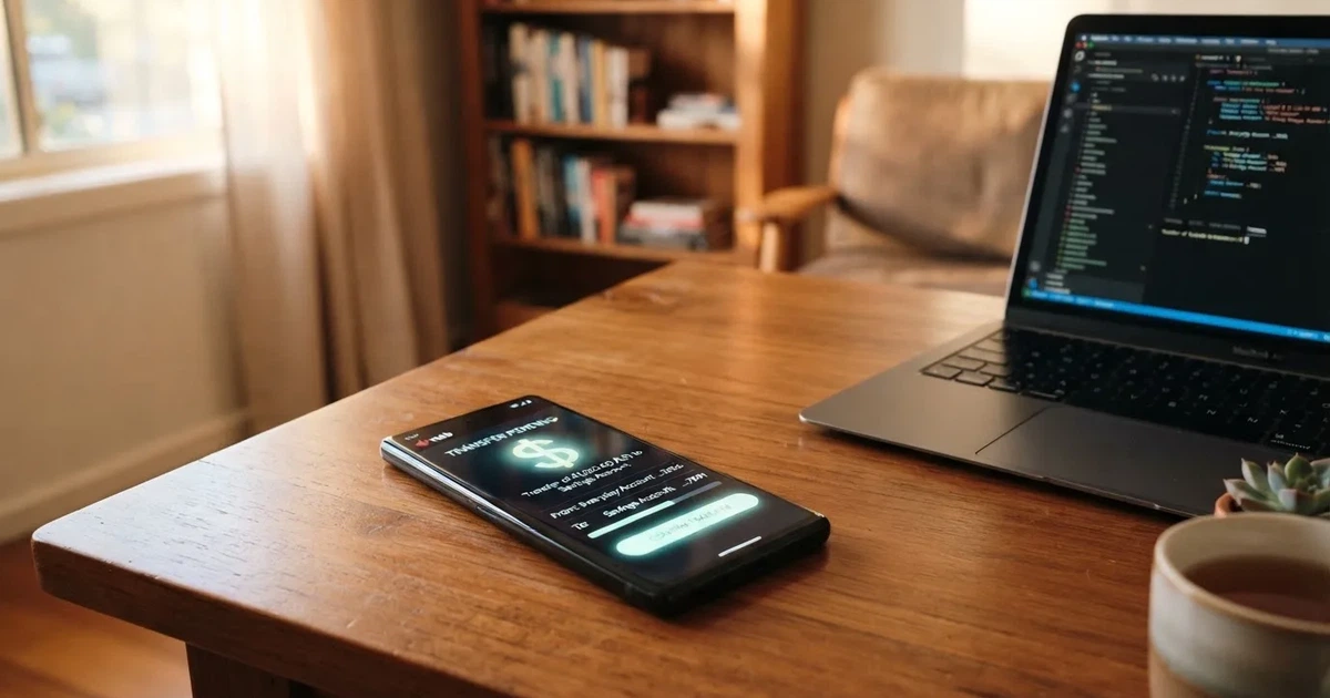 Close-up of a smartphone banking app open beside a laptop on a home desk, mid-transfer.