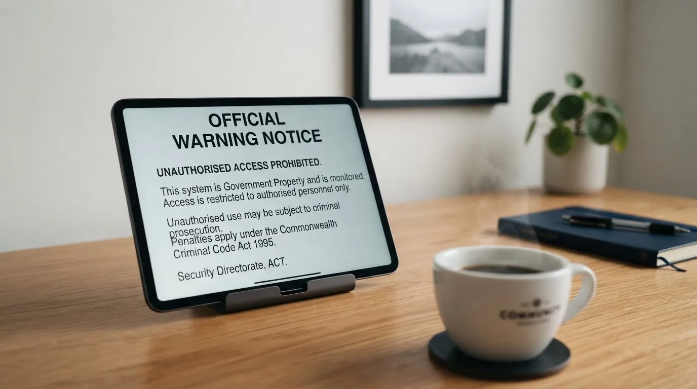 A tablet on a desk displays a plain government-style warning notice page, with a coffee cup beside it.