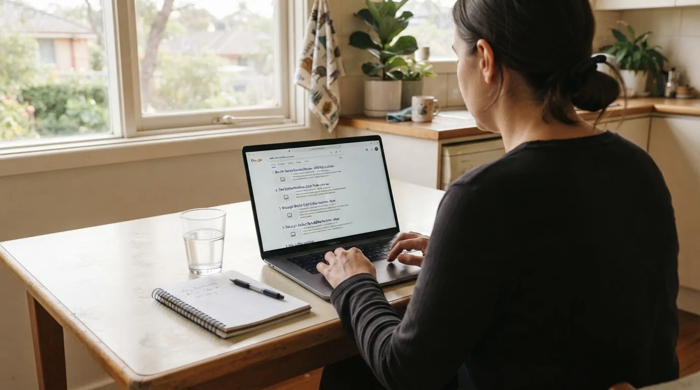 A person sits at a kitchen table, scrolling a laptop showing a general search results page about phone-bill deposits.