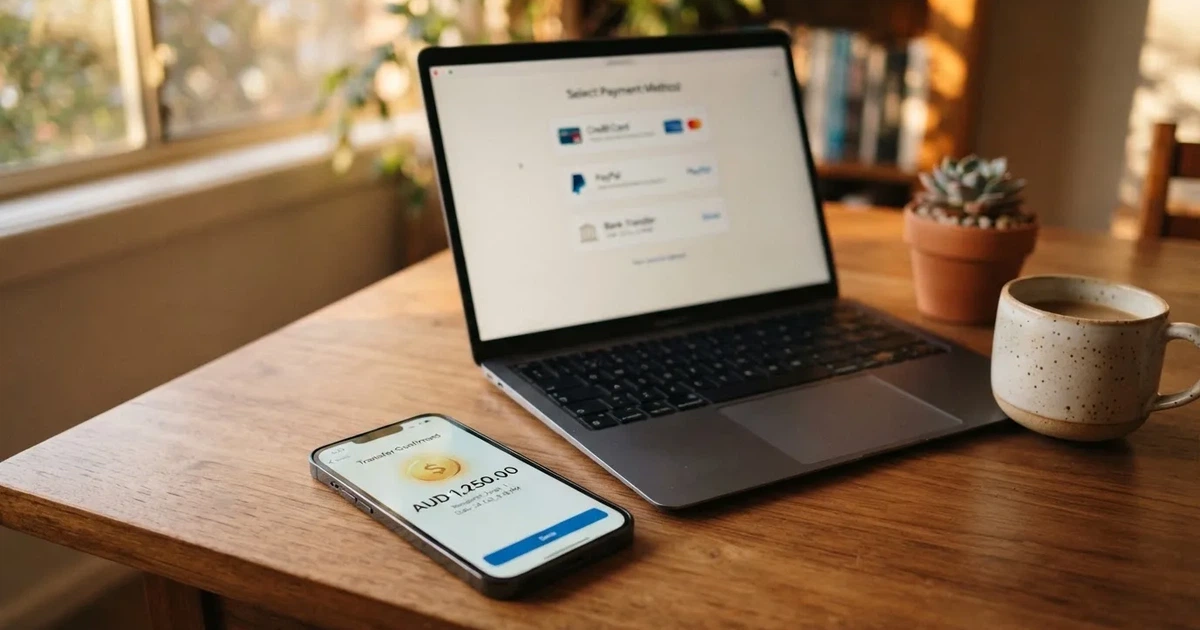 Close-up of a smartphone banking app open beside a laptop on a home desk, mid-transfer.