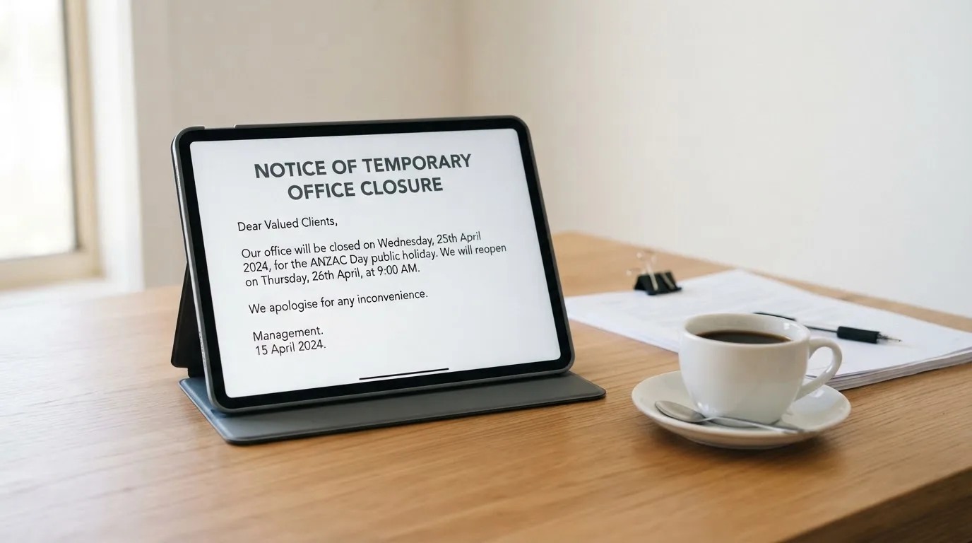 A tablet on a desk displays a plain government-style warning notice page, with a coffee cup beside it.