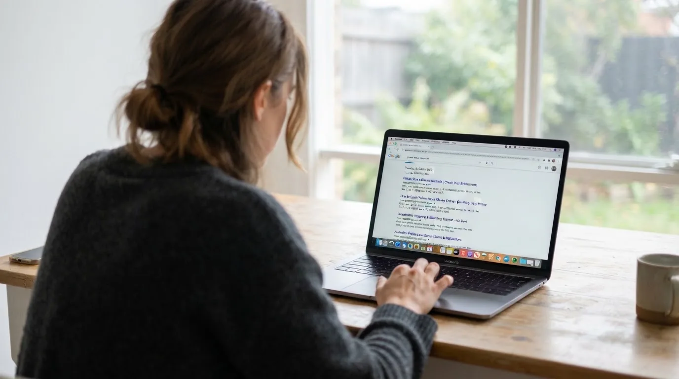 A person sits at a kitchen table, scrolling a laptop showing a general search results page about pokies bonus claims.