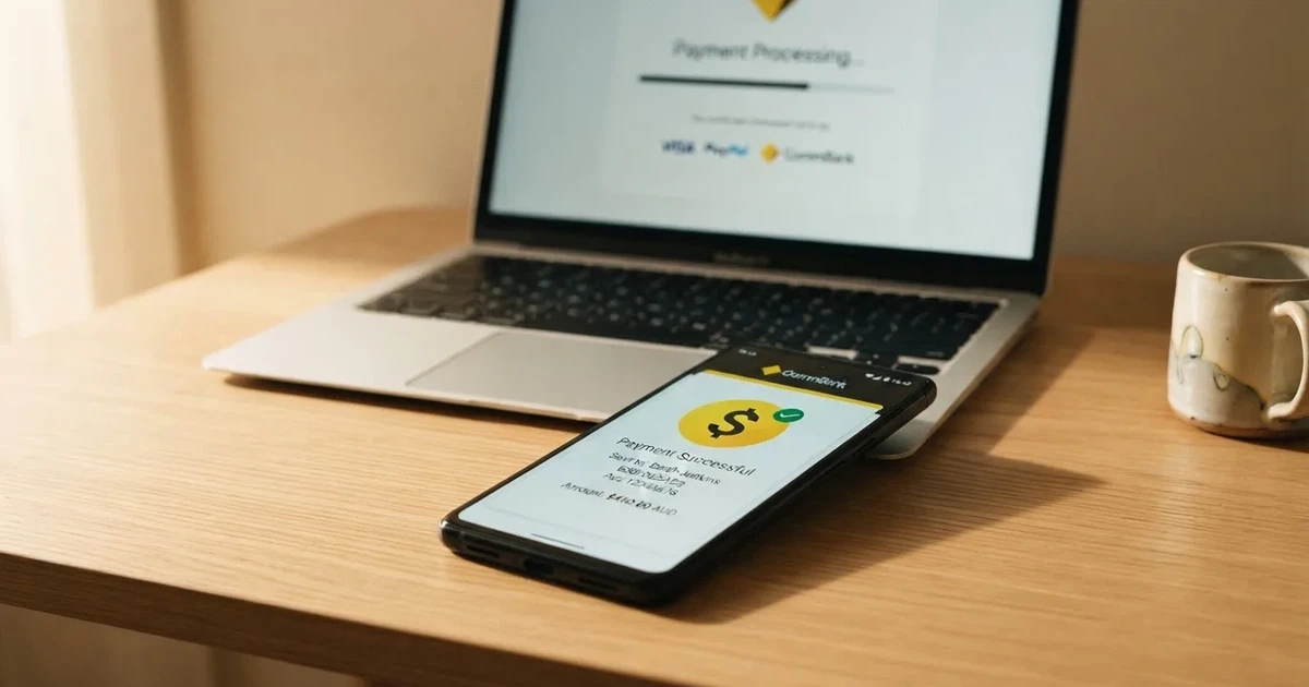 Close-up of a smartphone banking app open beside a laptop on a home desk, mid-transfer.