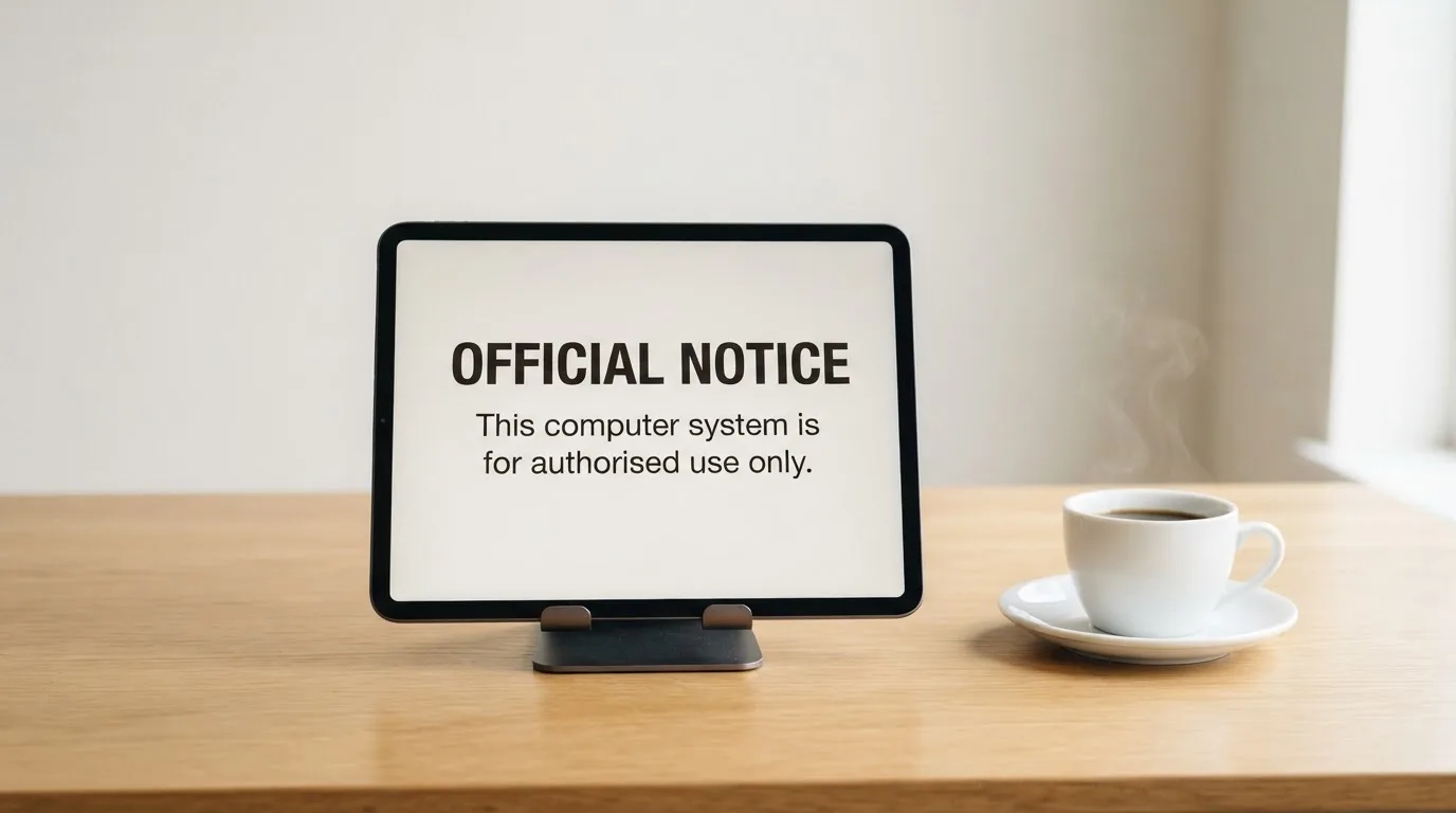 A tablet on a desk displays a plain government-style warning notice page, with a coffee cup beside it.