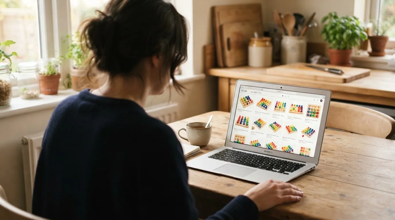 A person sits at a kitchen table, scrolling a laptop showing a general search results page about the Plinko game.