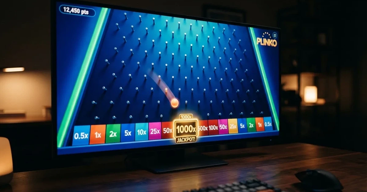 A close-up of a Plinko-style game board with pegs and multiplier slots shown on a monitor.