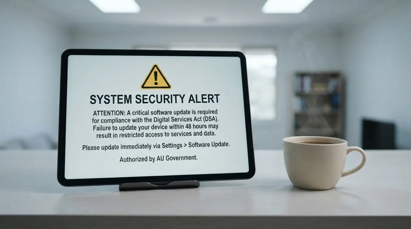 A tablet on a desk displays a plain government-style warning notice page, with a coffee cup beside it.