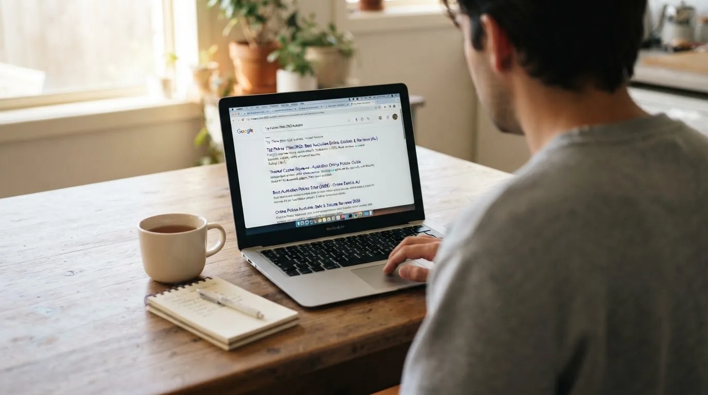 A person sits at a kitchen table, scrolling a laptop showing a general search results page about a review of a pokies site.