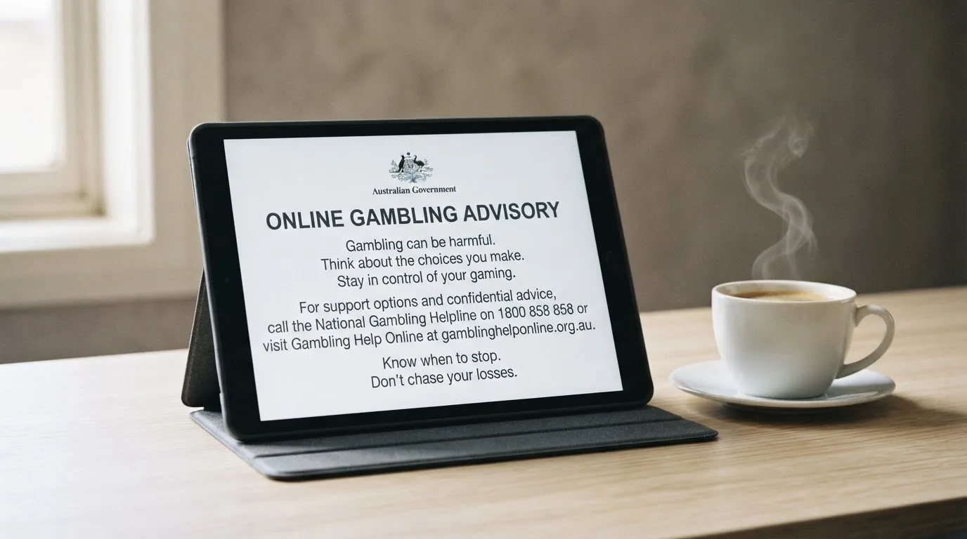 A tablet on a desk displays a plain government-style warning notice page, with a coffee cup beside it.
