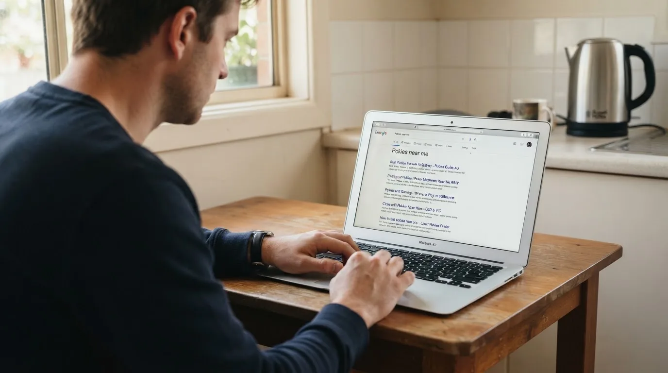 A person sits at a kitchen table, scrolling a laptop showing a general search results page about nearby venues.