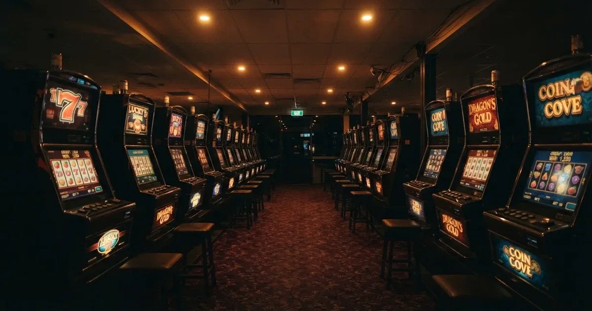 The interior of an Australian pub gaming room with rows of poker machines under dim lighting, no patrons visible.
