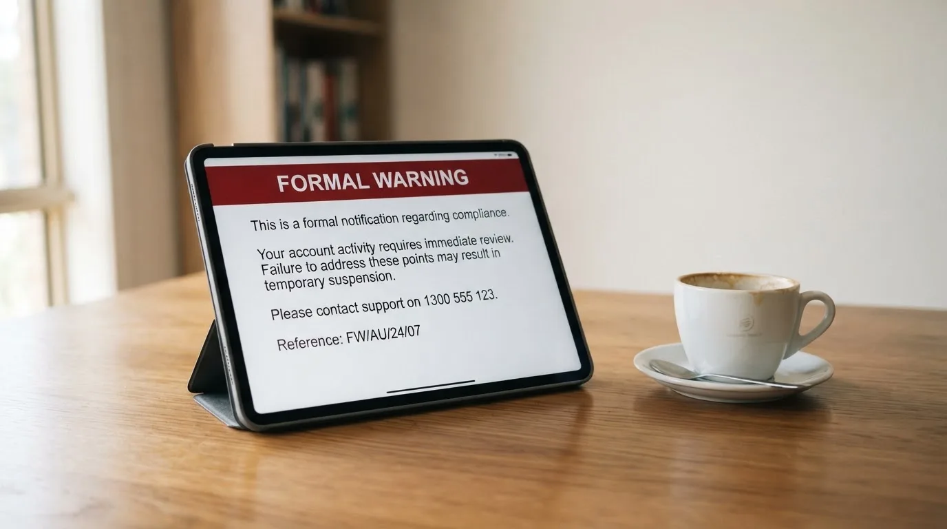 A tablet on a desk displays a plain government-style warning notice page, with a coffee cup beside it.
