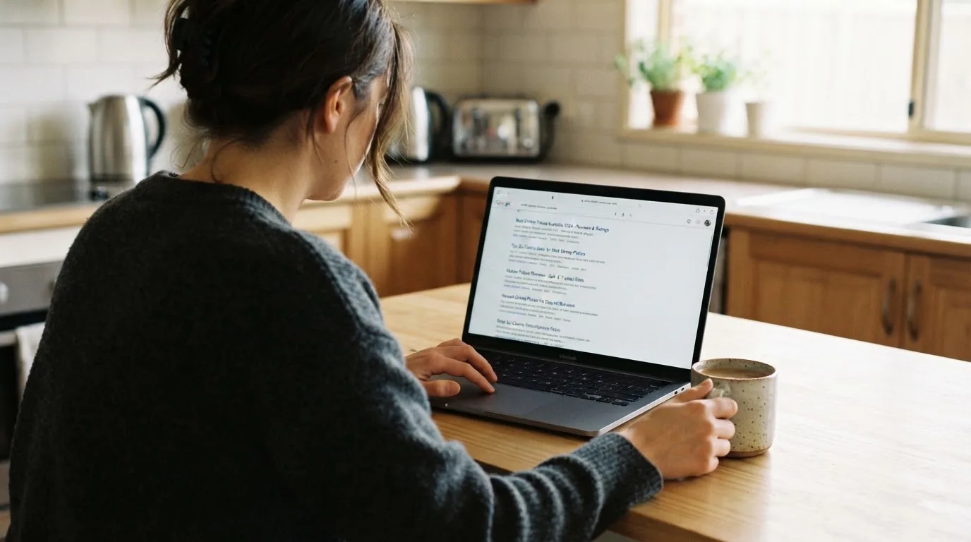 A person sits at a kitchen table, scrolling a laptop showing a general search results page about a review of a pokies site.