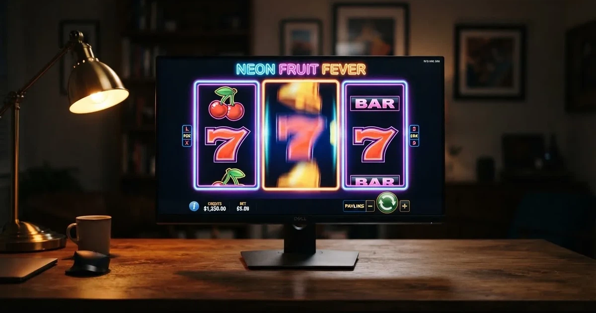 A close-up of a slot reel display shown on a monitor, no other windows open.
