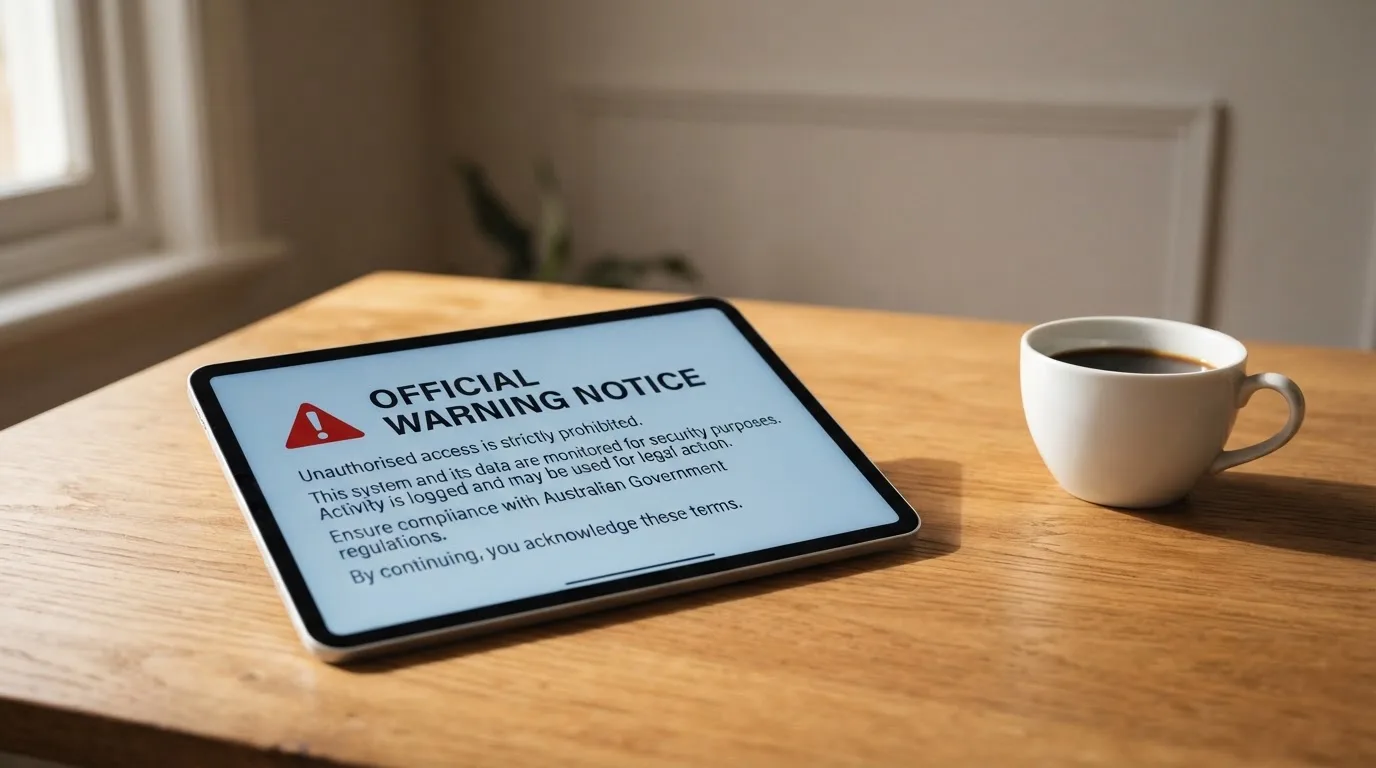 A tablet on a desk displays a plain government-style warning notice page, with a coffee cup beside it.