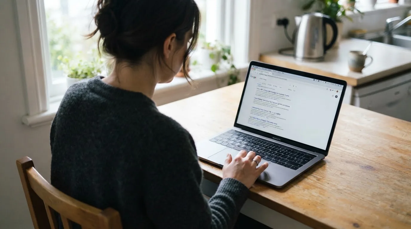 A person sits at a kitchen table, scrolling a laptop showing a general search results page about pokies strategy articles.