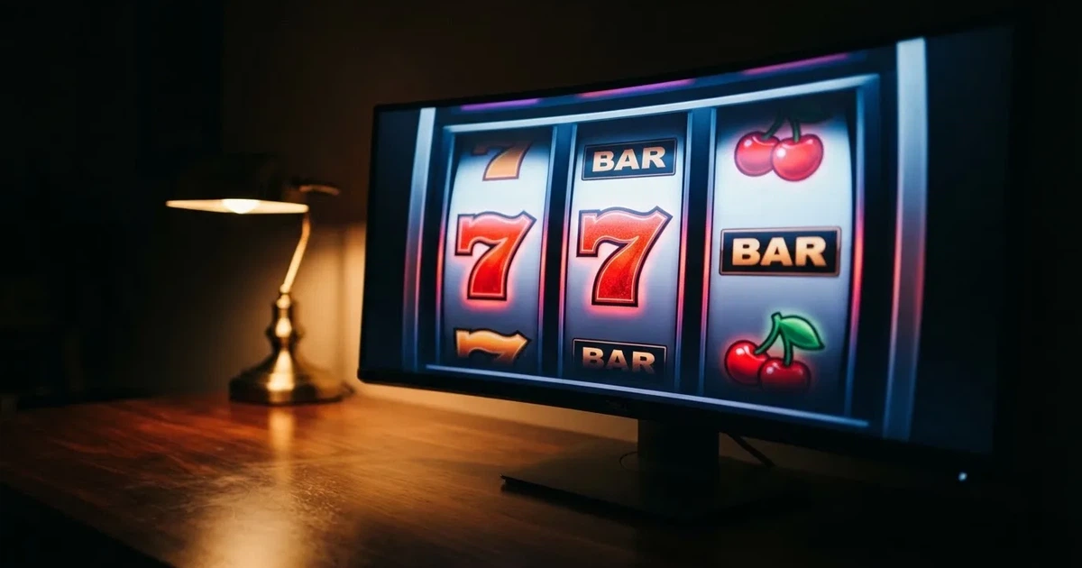 A close-up of a slot reel display shown on a monitor, no other windows open.
