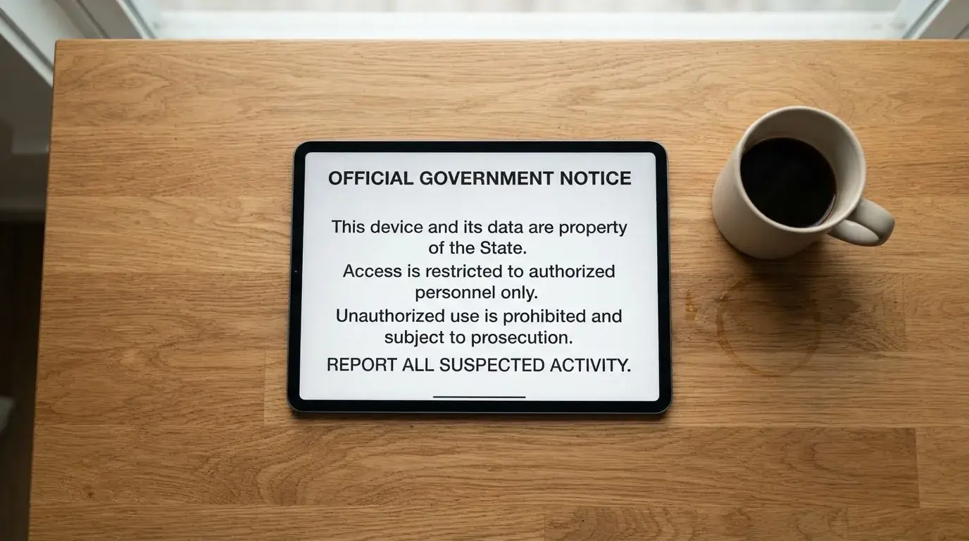 A tablet on a desk displays a plain government-style warning notice page, with a coffee cup beside it.