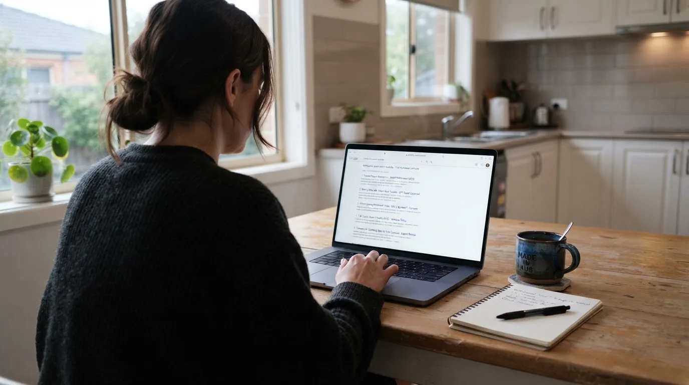 A person sits at a kitchen table, scrolling a laptop showing a general search results page about withdrawal speed claims.