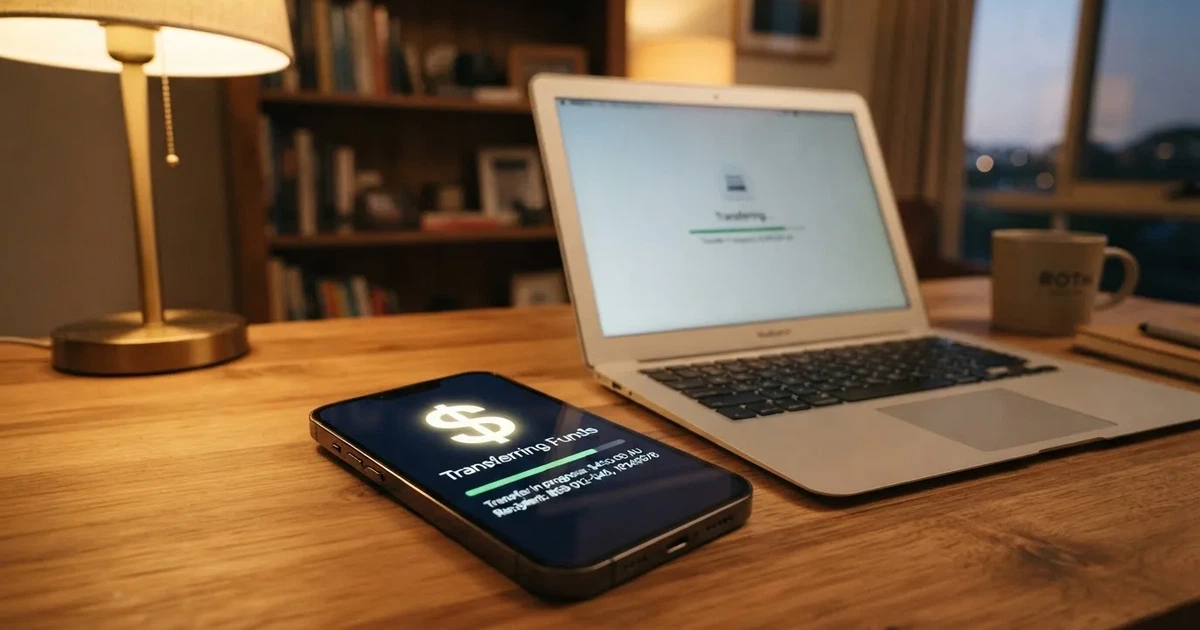 Close-up of a smartphone banking app open beside a laptop on a home desk, mid-transfer.