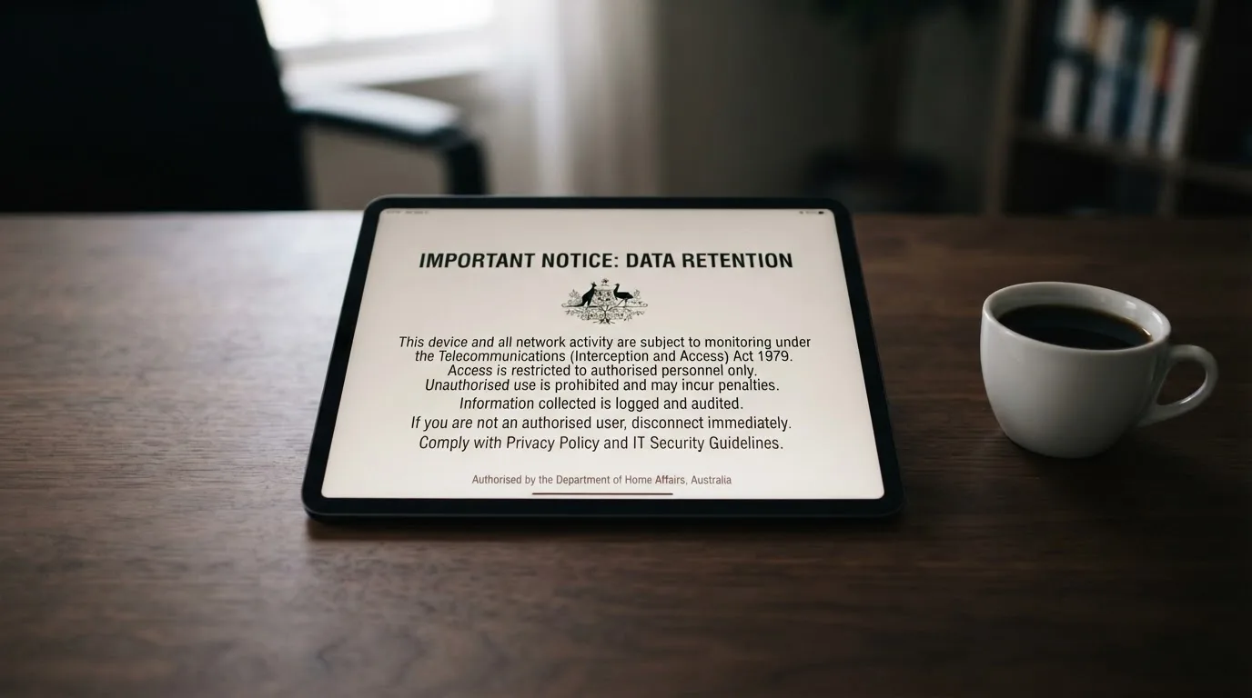 A tablet on a desk displays a plain government-style warning notice page, with a coffee cup beside it.