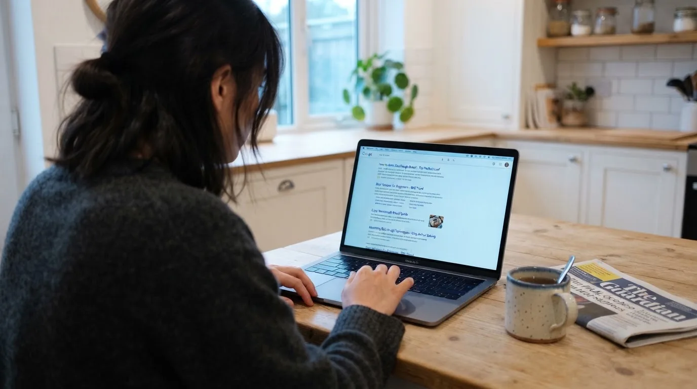 A person sits at a kitchen table, scrolling a laptop showing a general search results page about real-cash pokies claims.