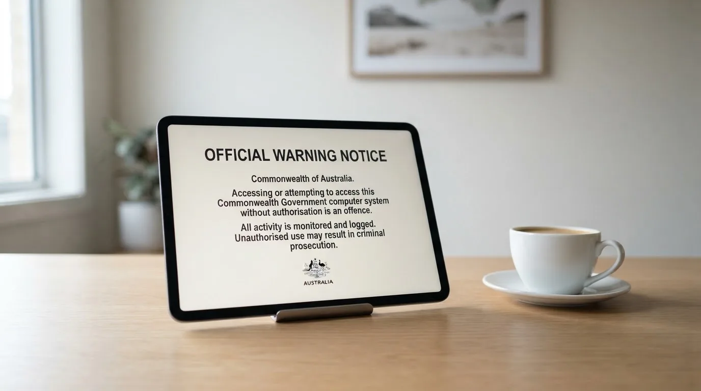 A tablet on a desk displays a plain government-style warning notice page, with a coffee cup beside it.