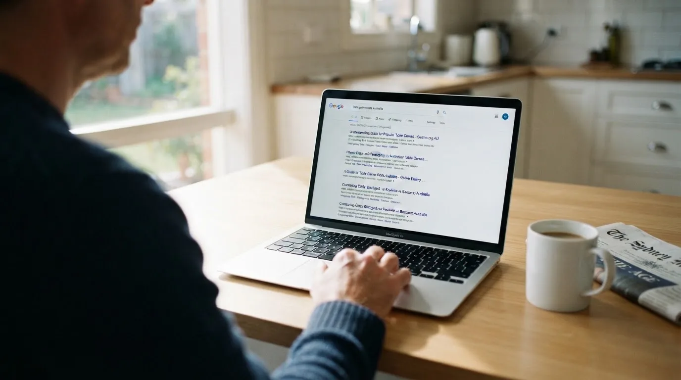 A person sits at a kitchen table, scrolling a laptop showing a general search results page about table game odds.