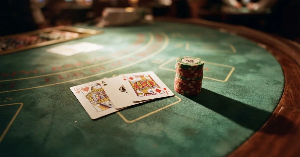 A close-up of a blackjack table felt with cards and chips laid out, no dealer or players visible.
