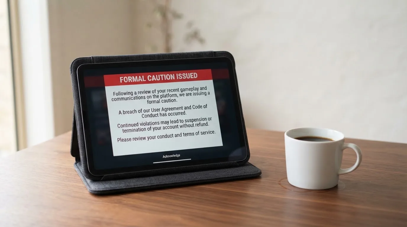 A tablet on a desk displays a plain government-style warning notice page, with a coffee cup beside it.