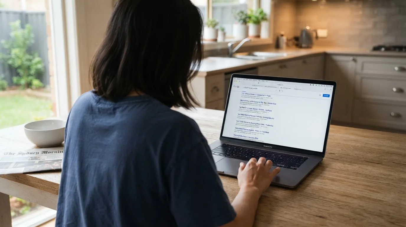 A person sits at a kitchen table, scrolling a laptop showing a general search results page about pokies apps.